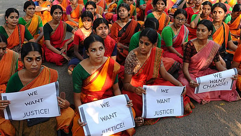 FILE- Students of Kalakshetra Foundation staged a protest over the institute’s inaction against a dance teacher facing sexual harassment allegations, in Chennai, on March 30.