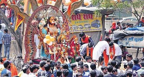 Locals take part in a Ram Navmi procession at Jahangirpuri | Parveen Negi