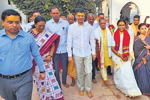 VK Pandian at Haribaldev Jew temple in Baripada on Friday | Express