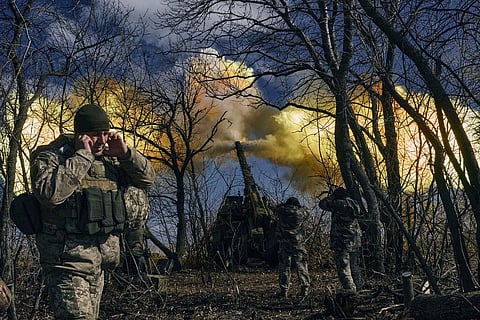 Ukrainian soldiers fire a self-propelled howitzer towards Russian positions near Bakhmut, Donetsk region, Ukraine, Sunday, March 5, 2023. (Photo | AP)