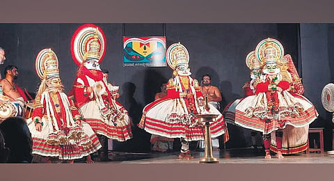 A kathakali performance held recently at Edappally Changampuzha Cultural Centre in which plastic tarp skirts have been used