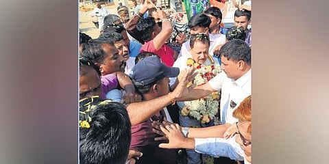  BJP MLA K Madal Virupakshappa accorded a rousing reception on his arrival at Channagiri in Davanagere district on Tuesday | Express 