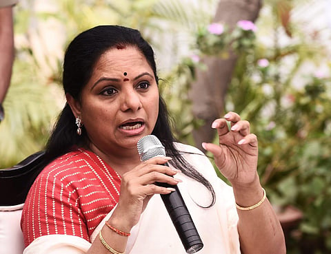 BRS MP K Kavitha, daughter of Telangana CM K Chandrasekhar Rao, addresses a press conference at her residence in New Delhi. (Photo | Parveen Negi, EPS)