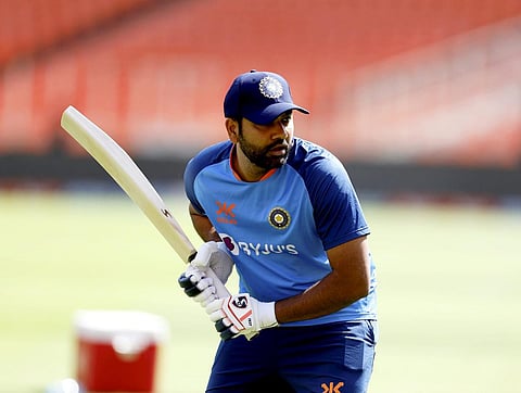 Rohit Sharma bats during a practice session ahead of the 4th test cricket match between India and Australia, in Ahmedabad, March 8, 2023. (Photo | PTI)