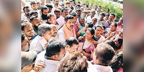 BJP state vice-president BY Vijayendra surrounded by his followers during his visit to Mysuru on Friday | Udayashankar S