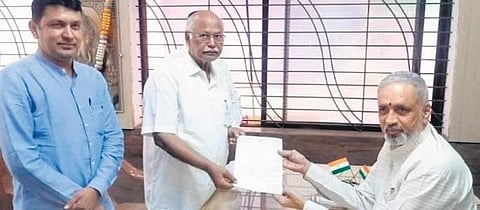 BJP MLA NY Gopalakrishna hands over his resignation to Speaker Vishweshwar Hegde Kageri in Sirsi on Friday | Express