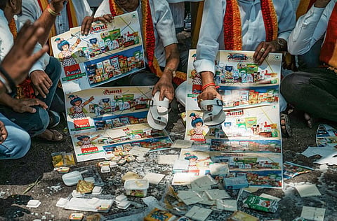 Members of pro-Kannada stages a protest amid initial reports claiming the entry of Amul products in Karnataka market in Bengaluru in 2023