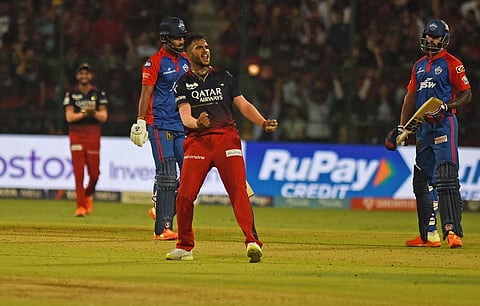 How's That?: It was a dream IPL debut for the 26-year-old RCB pacer Vyshak Vijay Kumar at the packed M Chinnaswamy Stadium on April 15, 2023. (Photo | Vinod Kumar T)
