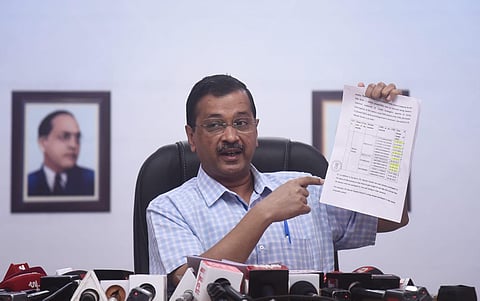 Delhi Chief Minister Arvind Kejriwal addresses the media after being summoned by the CBI in the Excise policy case, in New Delhi on Saturday. (Photo | Parveen Negi, EPS)