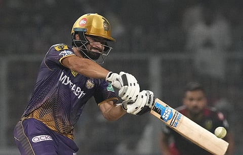 Kolkata Knight Riders' Rinku Singh in action during an IPL 2023 cricket match against Royal Challengers Bangalore, April 6, 2023. (Photo | AP)