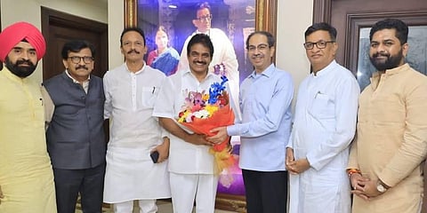 AICC General Secretary KC Venugopal meets Uddhav Thackeray at Matoshree along with Senior Congress leader Balasaheb Thorat in the presence of Shiv Sena (UBT) leader Sanjay Raut. (Photo | ANI)