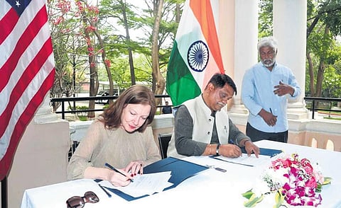 US consul general, Hyderabad, Jennifer Larson and MAUD special chief secretary sign the termination agreement of the lease in Hyderabad on Monday
