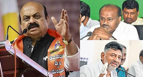 Karnataka will face a three-cornered contest in the May 10 elections, with a direct fight between the Congress, BJP and JD(S) on the cards in most segments. (Photo | PTI and Nagaraja Gadekal)