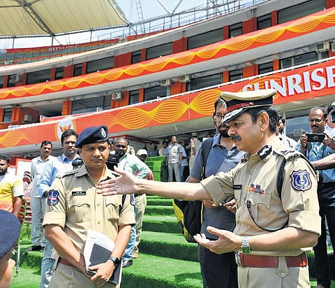 Rachakonda Commissioner of Police DS Chauhan inspects security arrangements for IPL matches at Rajiv Gandhi International Cricket Stadium in Uppal on Saturday | Vinay Madapu