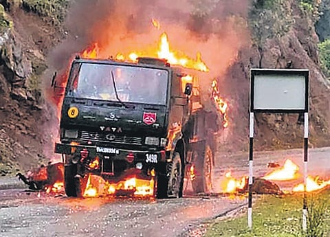 An Army vehicle catches fire in Bhatadurain area of Mendhar in Poonch | PTI