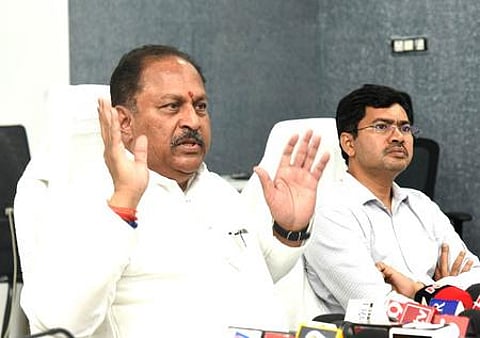 ' Endowment minister Kottu Satyanarayana speaking to mediapersons in Visakhapatnam on Monday Express by G satyanarayana'