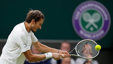 Russia's Daniil Medvedev plays a return to Poland's Hubert Hurkacz during the men's singles fourth round match on day eight of the Wimbledon Tennis Championships in London. (File | AP)