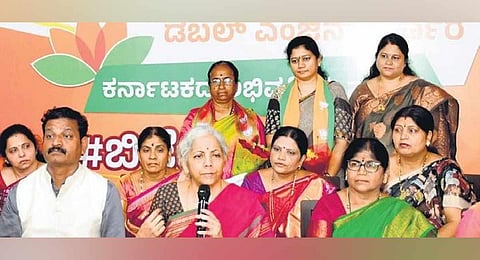 Union Finance Minister Nirmala Sitharaman addresses a press conference in Kalaburagi on Wednesday. (Photot | Express)