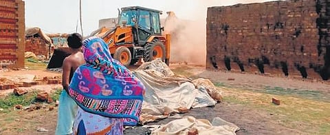 An illegal brick kiln being demolished in Kendrapara district