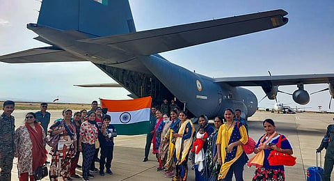 7th batch of stranded Indians board an IAF C-130J flight to depart from Port Sudan for Jeddah under Operation Kaveri.(Photo | PTI)