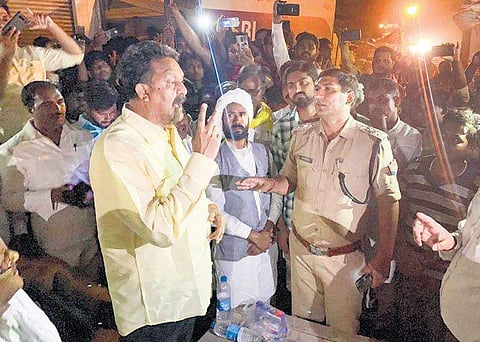 FILE-In this May, 2019 image, SP-BSP Ghazipur candidate, Afzal Ansari, protests outside the strongroom, alleging that the administration was trying to change EVMs. (Photo| PTI)