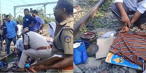 Police examining the materials recovered from the bag, which the suspect discarded after the attack on the passengers on the train near Elathur in Kozhikode