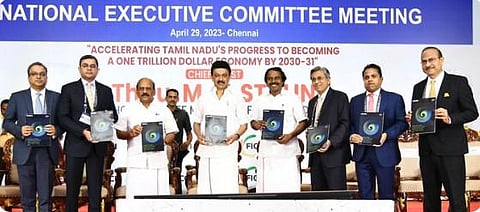 Chief Minister M K Stalin at the national executive meeting of FICCI. (Photo | Twitter)