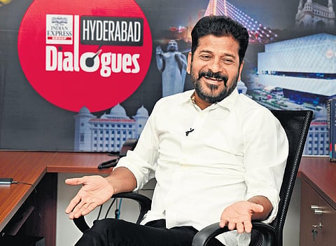 TPCC chief A Revanth Reddy interacts with TNIE team during his visit to The New Indian Express office in Hyderabad | Vinay Madapu