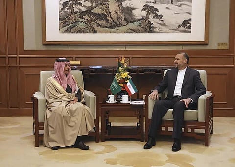Iranian Foreign Ministry Image: Iran's Foreign Minister Hossein Amirabdollahian, right, meets with his Saudi Arabian counterpart Prince Faisal bin Farhan Al Saud in Beijing, April 6, 2023.(Photo | AP)