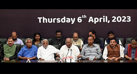 Mallikarjun Kharge with K Keshava Rao, TR Baalu, Sanjay Singh and fellow opposition MPs at a press conference following their Tiranga March, on Thursday. (Photo | Shekhar Yadav | EPS)