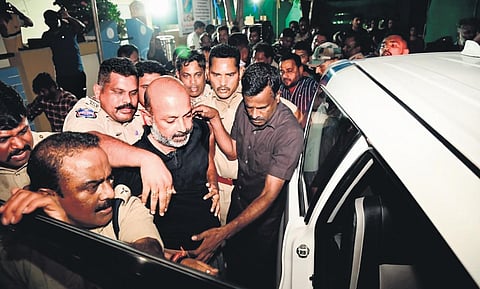 Police take BJP State chief Bandi Sanjay into custody from the residence of his in-laws in Karimnagar late on Tuesday. (File Photo)