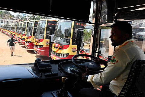Fleet of KSRTC superfast SWIFT 131new buses ready to start services at police training college ground at Thycaud in Thiruvananthapuram. (Photo | Vincent Pulickal, EPS)