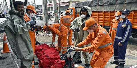 NDRF team during a rescue operation after a gas leak incident occurred at a factory in the Giaspura area of Ludhiana, Punjab on Sunday. (Photo | ANI)