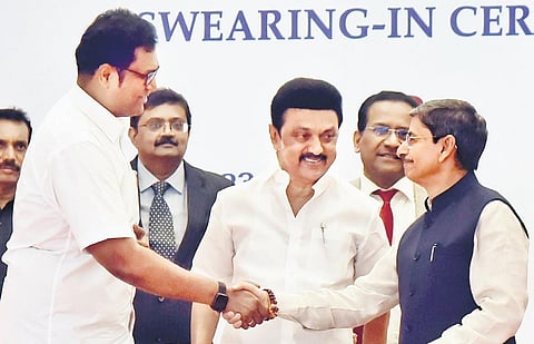 Chief Minister MK Stalin introducing TRB Rajaa to Governor RN Ravi during the swearing-in ceremony at Raj Bhavan on Thursday | P Jawahar