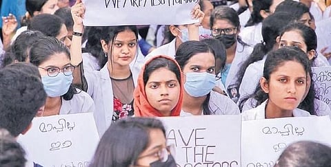The protest by doctors in front of the Secretariat on the second day on May 11, 2023, demanding justice for Dr Vandana Das who was killed at Kottarakkara taluk hospital. (Photo | B P Deepu)