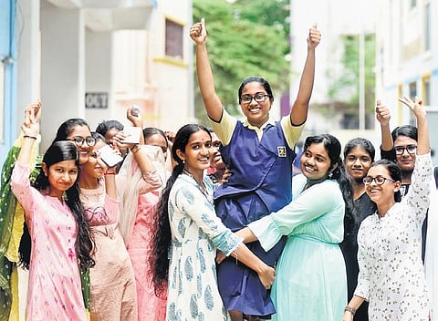 A happy bunch of CBSE students at Everwin School in Kolathur in Chennai on Friday | P Ravikumar