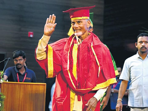 TDP president and former AP chief minister N Chandrababu Naidu at the graduation ceremony of the Kautilya School of Public Policy in Hyderabad on Sunday.