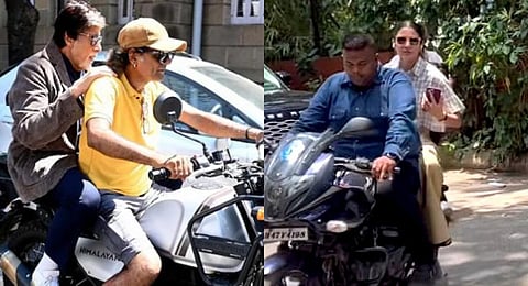 Actors Amitabh Bachchan (L) and Anushka Sharma were spotted riding pillion sans helmets. Their drivers too were helmet-less.
