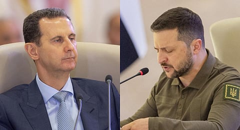 A collage of Syrian President Bashar al-Assad (L) and Ukraine's President Volodymyr Zelenskyy during the Arab League summit in Jeddah, Saudi Arabia, Friday, May 19, 2023. (Photo | AP)