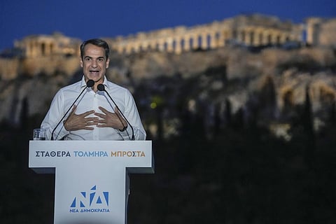 Greece's Prime Minister Kyriakos Mitsotakis speaks during his election campaign. (Image | AP)
