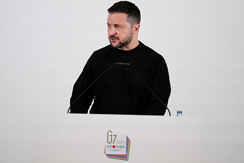 Ukrainian President Volodymyr Zelenskyy speaks during a news conference at the Group of Seven nations' summit in Hiroshima. (Photo | AP)