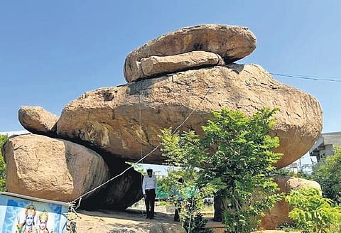 An item discovered by Dr Dyavanapalli Satyanarayana; (right) the historian during one of his exploratory trips to the BNR Hills in Jubilee Hills, Hyderabad.