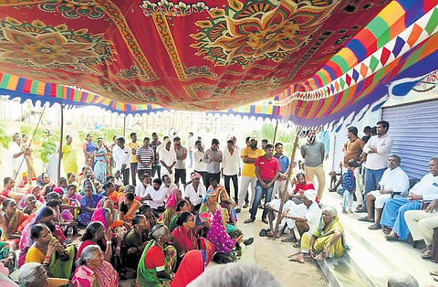 Mallannasagar oustees gather at R&R Colony in Gajwel town to discuss the compensation due to them from the government on Monday.