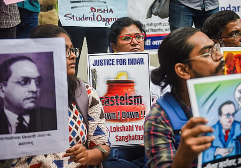 In this September 2022 image, activists protest demanding justice for Indra Meghwal, a Dalit boy from Rajasthan who allegedly died after he was beaten up by his teacher. (File Photo | PTI)