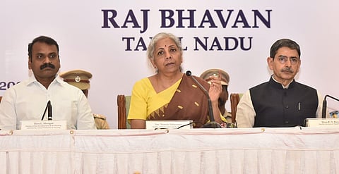 Union Finance Minister Nirmala Sitharaman addresses a press conference, at the Raj Bhavan in Chennai, about the inauguration of the new Parliament complex. (Photo | P Jawahar, EPS)