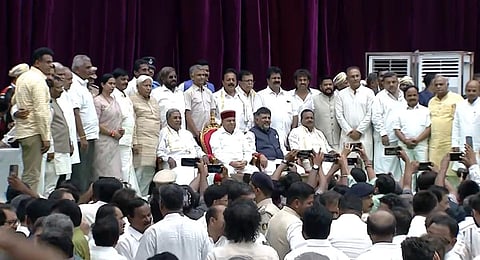 24 legislators were sworn in as ministers in the Chief Minister Siddaramaiah-led government on Saturday.(Photo | Screengrab , INC Twitter)