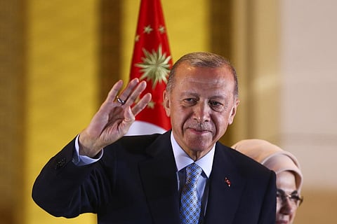 Turkish President and People's Alliance's presidential candidate Recep Tayyip Erdogan makes a speech at the presidential palace, in Ankara, Turkey, Sunday, May 28, 2023. (Photo | AP)