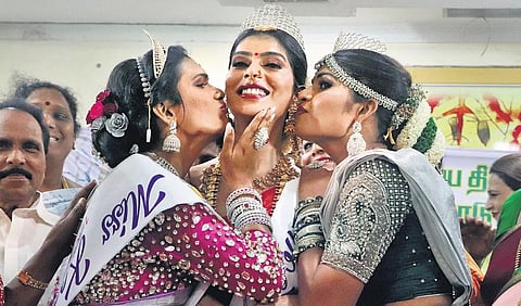 A Niranjana (centre) from Chennai won the Miss Koovagam title. G Disha and E Sadhana were the first and second runners-up | R Sriram