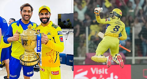 Chennai Super Kings captain MS Dhoni and teammate Ravindra Jadeja pose with the trophy after winning the Indian Premier League 2023 final against Gujarat Titans. (PTI)
