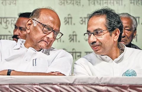 NCP leader Sharad Pawar (L) with former Maharashtra CM and MVA ally Uddhav Thackeray. (File Photo | PTI)